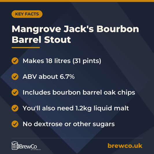 Mangrove Jack's Bourbon Barrel Stout key facts: makes 18 litres (31 pints), ABV about 6.7%, includes bourbon barrel oak chips