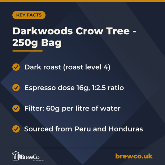 Darkwoods Crow Tree - 250g Bag key facts: dark roast (roast level 4), espresso dose 16g, 1:2.5 ratio, filter: 60g per litre of water