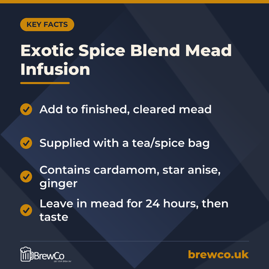 Exotic Spice Blend Mead Infusion key facts: add to finished, cleared mead, supplied with a tea/spice bag, contains cardamom, star anise, ginger