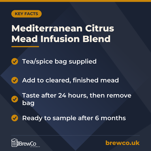 Mediterranean Citrus Mead Infusion Blend key facts: tea/spice bag supplied, add to cleared, finished mead, taste after 24 hours, then remove bag