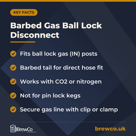 Barbed Gas Ball Lock Disconnect key facts: fits ball lock gas (IN) posts, barbed tail for direct hose fit, works with CO2 or nitrogen