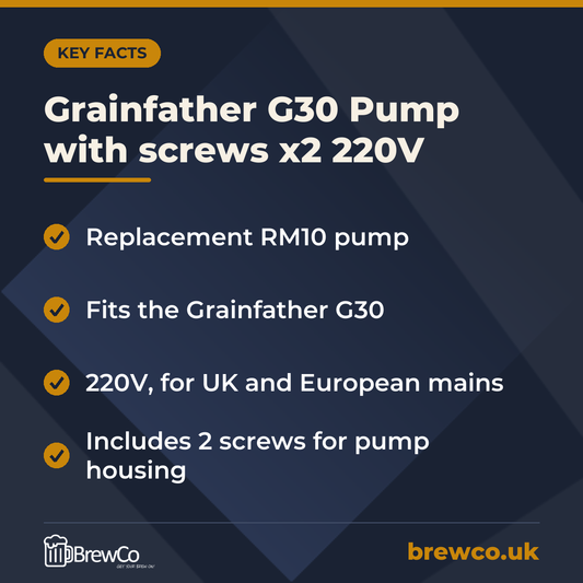 Grainfather G30 Pump with screws x2 220V key facts: replacement RM10 pump, fits the Grainfather G30, 220V, for UK and European mains