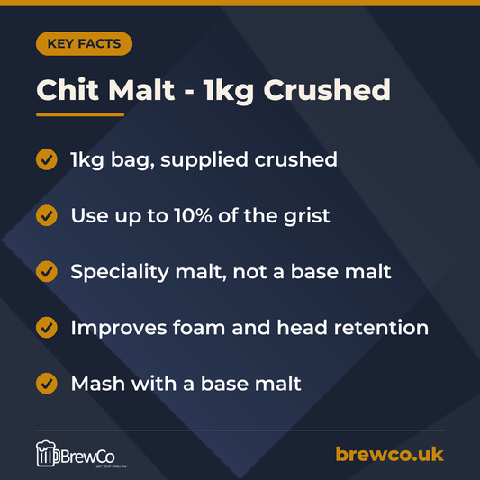 Chit Malt - 1kg Crushed key facts: 1kg bag, supplied crushed, use up to 10% of the grist, speciality malt, not a base malt