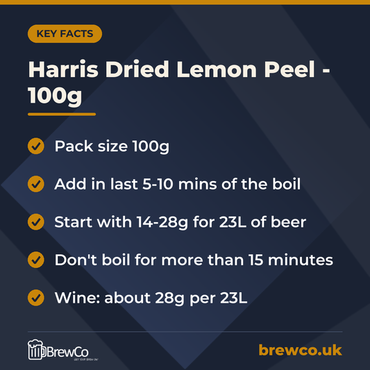 Harris Dried Lemon Peel - 100g key facts: pack size 100g, add in last 5-10 mins of the boil, start with 14-28g for 23L of beer