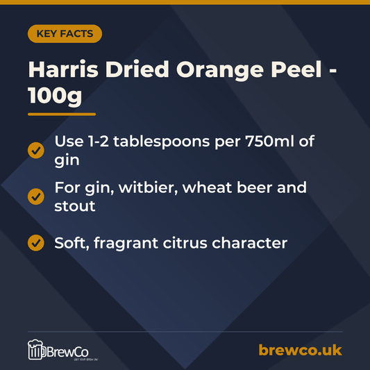 Harris Dried Orange Peel - 100g key facts: use 1-2 tablespoons per 750ml of gin, for gin, witbier, wheat beer and stout, soft, fragrant citrus character
