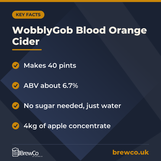 WobblyGob Blood Orange Cider key facts: makes 40 pints, ABV about 6.7%, no sugar needed, just water