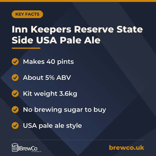 Inn Keepers Reserve State Side USA Pale Ale key facts: makes 40 pints, about 5% ABV, kit weight 3.6kg