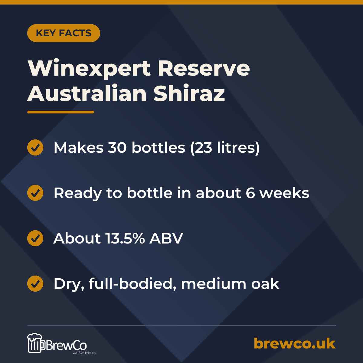 Winexpert Reserve Australian Shiraz key facts: makes 30 bottles (23 litres), ready to bottle in about 6 weeks, about 13.5% ABV