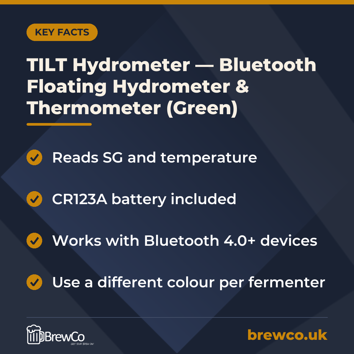 TILT Hydrometer — Bluetooth Floating Hydrometer & Thermometer (Green) key facts: reads SG and temperature, CR123A battery included, works with Bluetooth 4.0+ devices