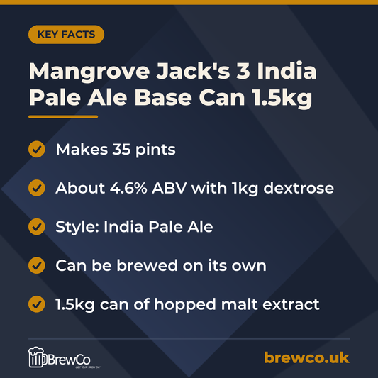 Mangrove Jack's 3 India Pale Ale Base Can 1.5kg | Make Your Own Beer Kit key facts: makes 35 pints, about 4.6% ABV with 1kg dextrose, style: India Pale Ale