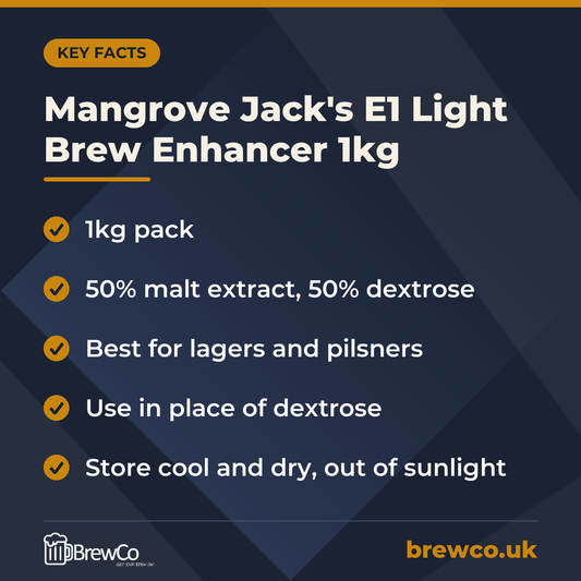 Mangrove Jack's E1 Light Brew Enhancer 1kg | Make Your Own key facts: 1kg pack, 50% malt extract, 50% dextrose, best for lagers and pilsners