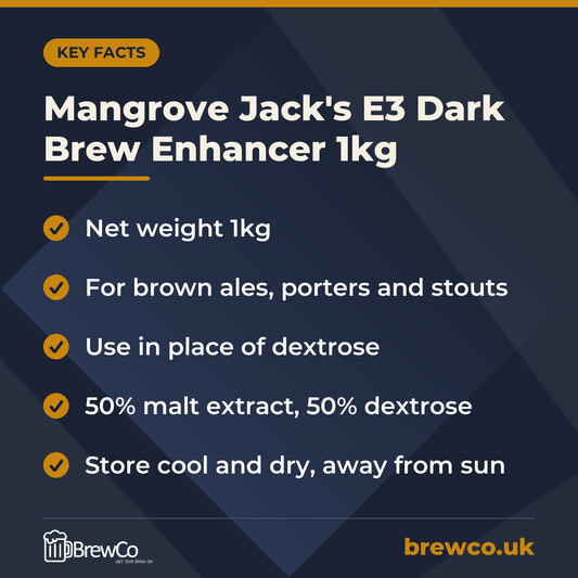 Mangrove Jack's E3 Dark Brew Enhancer 1kg | Make Your Own key facts: net weight 1kg, for brown ales, porters and stouts, use in place of dextrose