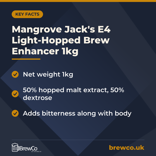 Mangrove Jack's E4 Light-Hopped Brew Enhancer 1kg | Make Your Own key facts: net weight 1kg, 50% hopped malt extract, 50% dextrose, adds bitterness along with body