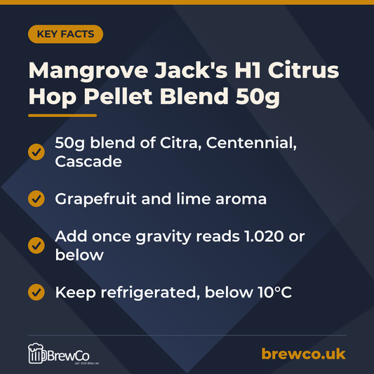 Mangrove Jack's H1 Citrus Hop Pellet Blend 50g | Make Your Own key facts: 50g blend of Citra, Centennial, Cascade, grapefruit and lime aroma, add once gravity reads 1.020 or below
