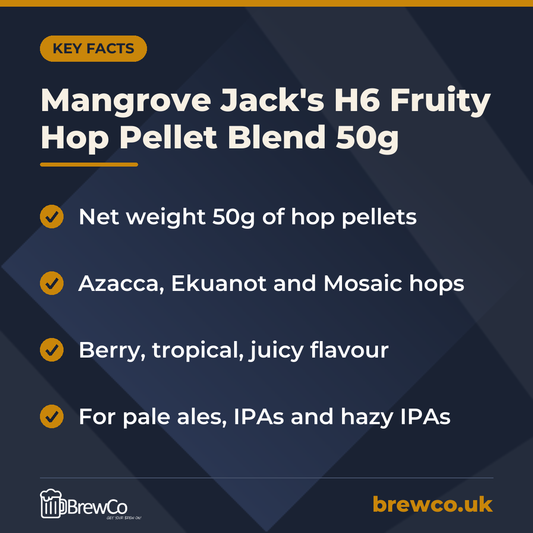 Mangrove Jack's H6 Fruity Hop Pellet Blend 50g | Make Your Own key facts: net weight 50g of hop pellets, azacca, Ekuanot and Mosaic hops, berry, tropical, juicy flavour