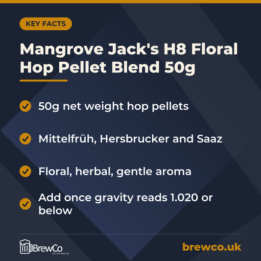 Mangrove Jack's H8 Floral Hop Pellet Blend 50g | Make Your Own key facts: 50g net weight hop pellets, mittelfrüh, Hersbrucker and Saaz, floral, herbal, gentle aroma