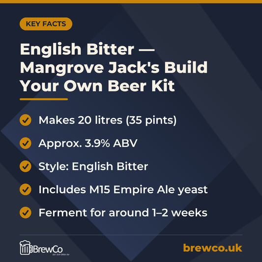 English Bitter — Mangrove Jack's Build Your Own Beer Kit | Makes 35 Pints key facts: makes 20 litres (35 pints), approx. 3.9% ABV, style: English Bitter
