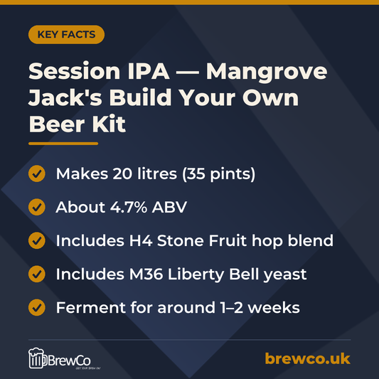 Session IPA — Mangrove Jack's Build Your Own Beer Kit | Makes 35 Pints key facts: makes 20 litres (35 pints), about 4.7% ABV, includes H4 Stone Fruit hop blend