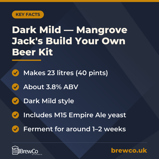Dark Mild — Mangrove Jack's Build Your Own Beer Kit | Makes 40 Pints key facts: makes 23 litres (40 pints), about 3.8% ABV, dark Mild style