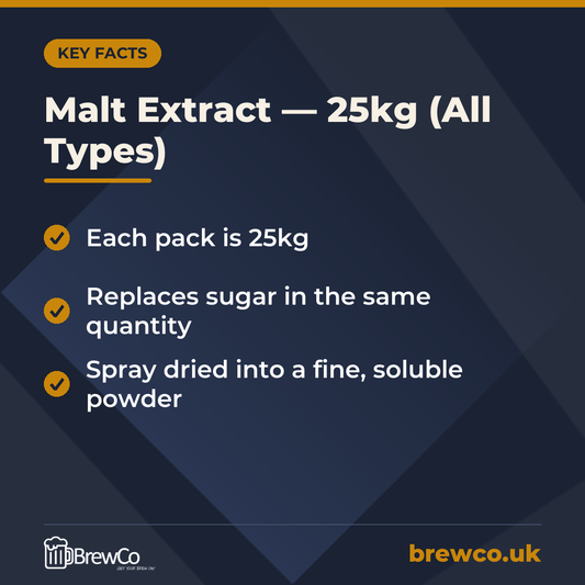 Malt Extract — 25kg (All Types) key facts: each pack is 25kg, replaces sugar in the same quantity, spray dried into a fine, soluble powder