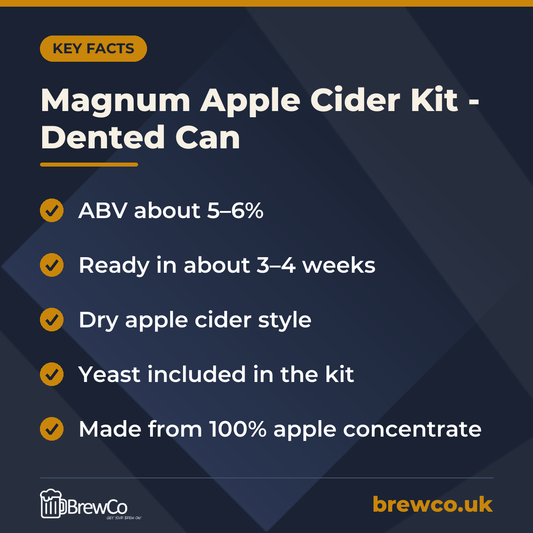 Magnum Apple Cider Kit - Dented Can key facts: ABV about 5–6%, ready in about 3–4 weeks, dry apple cider style