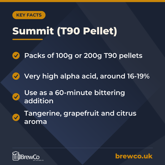 Summit (T90 Pellet) key facts: packs of 100g or 200g T90 pellets, very high alpha acid, around 16-19%, use as a 60-minute bittering addition