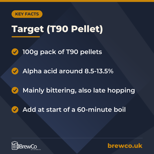 Target (T90 Pellet) key facts: 100g pack of T90 pellets, alpha acid around 8.5-13.5%, mainly bittering, also late hopping
