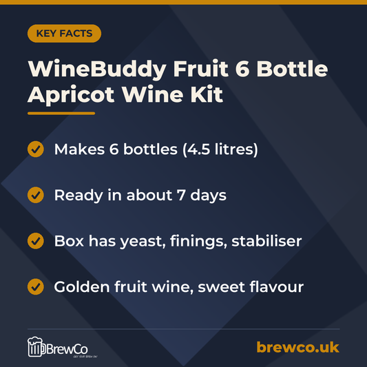 WineBuddy Fruit 6 Bottle Apricot Wine Kit key facts: makes 6 bottles (4.5 litres), ready in about 7 days, box has yeast, finings, stabiliser