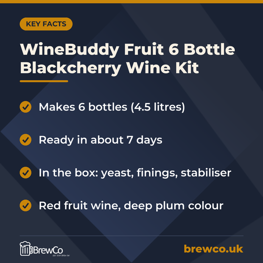 WineBuddy Fruit 6 Bottle Blackcherry Wine Kit key facts: makes 6 bottles (4.5 litres), ready in about 7 days, in the box: yeast, finings, stabiliser