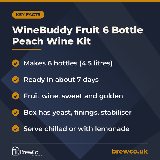 WineBuddy Fruit 6 Bottle Peach Wine Kit key facts: makes 6 bottles (4.5 litres), ready in about 7 days, fruit wine, sweet and golden