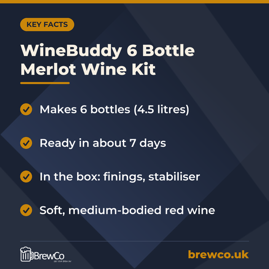 WineBuddy 6 Bottle Merlot Wine Kit key facts: makes 6 bottles (4.5 litres), ready in about 7 days, in the box: finings, stabiliser