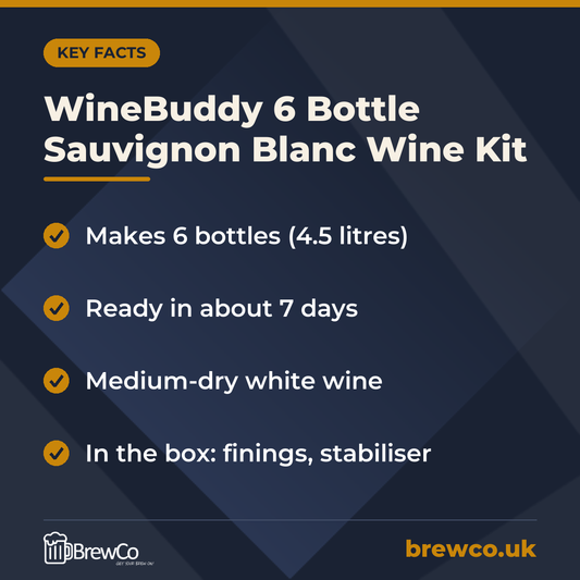 WineBuddy 6 Bottle Sauvignon Blanc Wine Kit key facts: makes 6 bottles (4.5 litres), ready in about 7 days, medium-dry white wine
