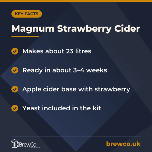 Magnum Strawberry Cider key facts: makes about 23 litres, ready in about 3–4 weeks, apple cider base with strawberry