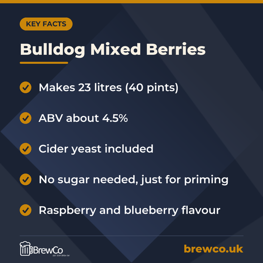 Bulldog Mixed Berries key facts: makes 23 litres (40 pints), ABV about 4.5%, cider yeast included