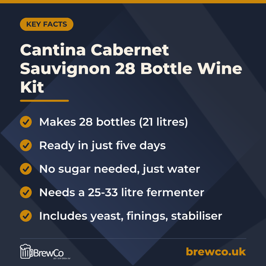 Cantina Cabernet Sauvignon 28 Bottle Wine Kit key facts: makes 28 bottles (21 litres), ready in just five days, no sugar needed, just water
