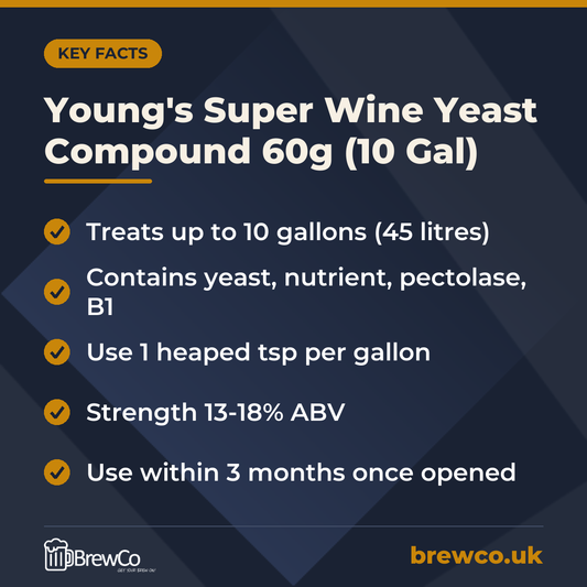 Young's Super Wine Yeast Compound 60g (10 Gal) – key facts