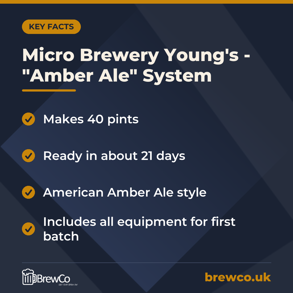 Micro Brewery Young's - "Amber Ale" System key facts: makes 40 pints, ready in about 21 days, american Amber Ale style