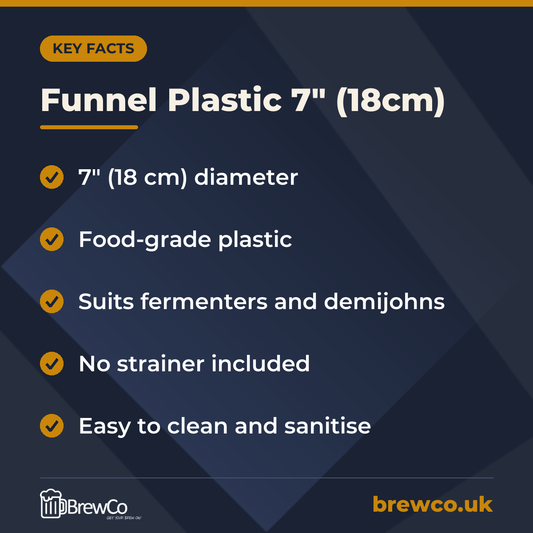 Funnel Plastic 7" (18cm) key facts: 7" (18 cm) diameter, food-grade plastic, suits fermenters and demijohns