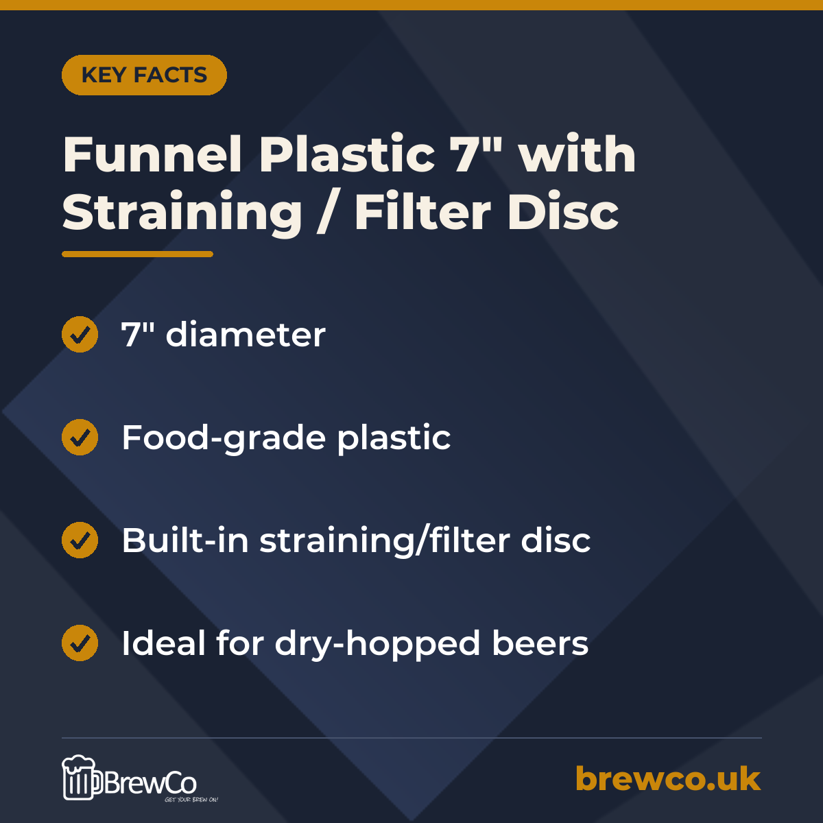 Funnel Plastic 7" with Straining / Filter Disc key facts: 7" diameter, food-grade plastic, built-in straining/filter disc