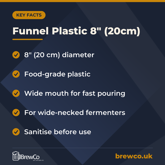 Funnel Plastic 8" (20cm) key facts: 8" (20 cm) diameter, food-grade plastic, wide mouth for fast pouring