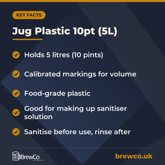 Jug Plastic 10pt (5L) key facts: holds 5 litres (10 pints), calibrated markings for volume, food-grade plastic