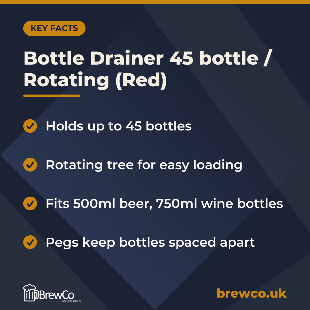 Bottle Drainer 45 bottle / Rotating (Red) key facts: holds up to 45 bottles, rotating tree for easy loading, fits 500ml beer, 750ml wine bottles