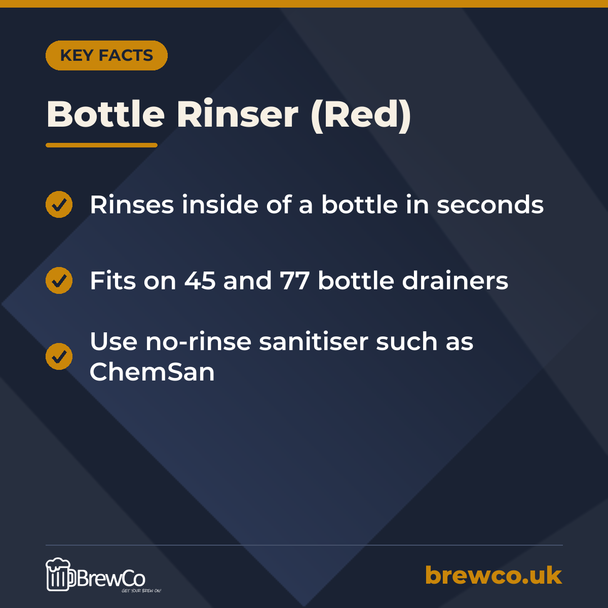 Bottle Rinser (Red) key facts: rinses inside of a bottle in seconds, fits on 45 and 77 bottle drainers, use no-rinse sanitiser such as ChemSan