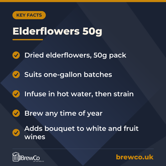 Elderflowers 50g key facts: dried elderflowers, 50g pack, suits one-gallon batches, infuse in hot water, then strain