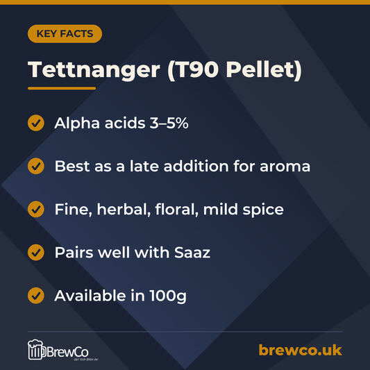 Tettnanger (T90 Pellet) key facts: alpha acids 3–5%, best as a late addition for aroma, fine, herbal, floral, mild spice