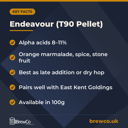 Endeavour (T90 Pellet) key facts: alpha acids 8–11%, orange marmalade, spice, stone fruit, best as late addition or dry hop