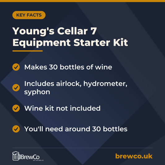 Young's Cellar 7 Equipment Starter Kit key facts: makes 30 bottles of wine, includes airlock, hydrometer, syphon, wine kit not included