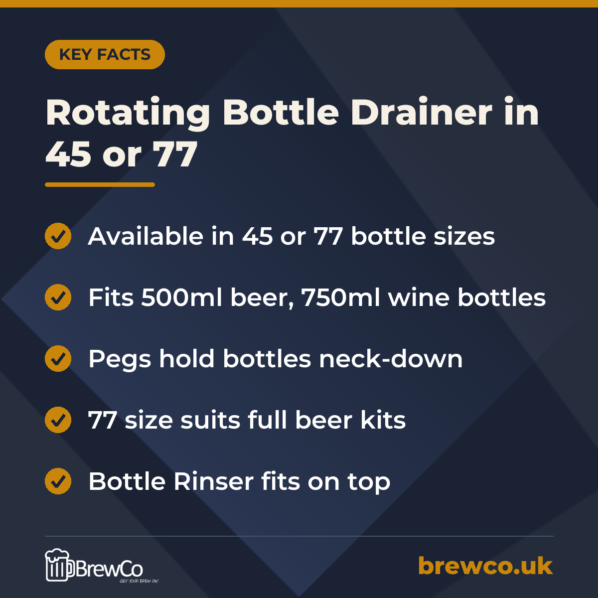 Rotating Bottle Drainer in 45 or 77 key facts: available in 45 or 77 bottle sizes, fits 500ml beer, 750ml wine bottles, pegs hold bottles neck-down