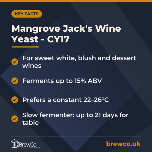 Mangrove Jack's Wine Yeast - CY17 key facts: for sweet white, blush and dessert wines, ferments up to 15% ABV, prefers a constant 22–26°C