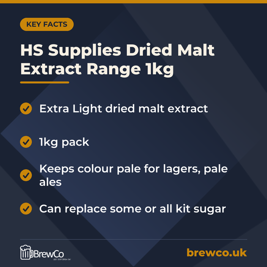 HS Supplies Dried Malt Extract Range 1kg key facts: extra Light dried malt extract, 1kg pack, keeps colour pale for lagers, pale ales